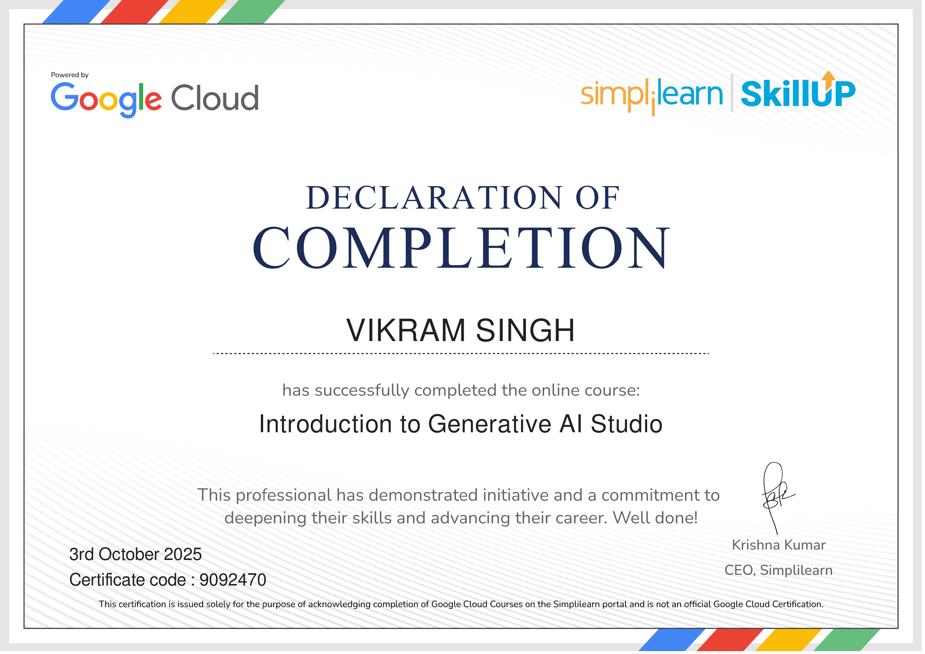 Introduction to Gen AI Studio certificate